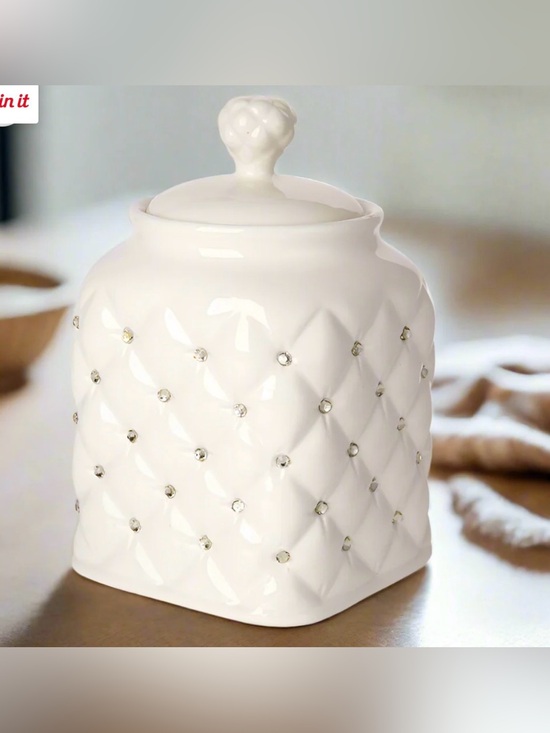 Other - White Quilted Ceramic Canister with Rhinestone Accents
